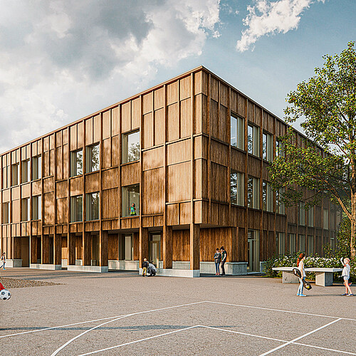 Abb 1 Das neue Schulhaus Gyrisberg in Jegenstorf (noch im Bau) präsentiert sich bald mit Holz aus dem gemeindeeigenen Wald, weil die Gemeindeversammlung kein Betongebäude wollte.